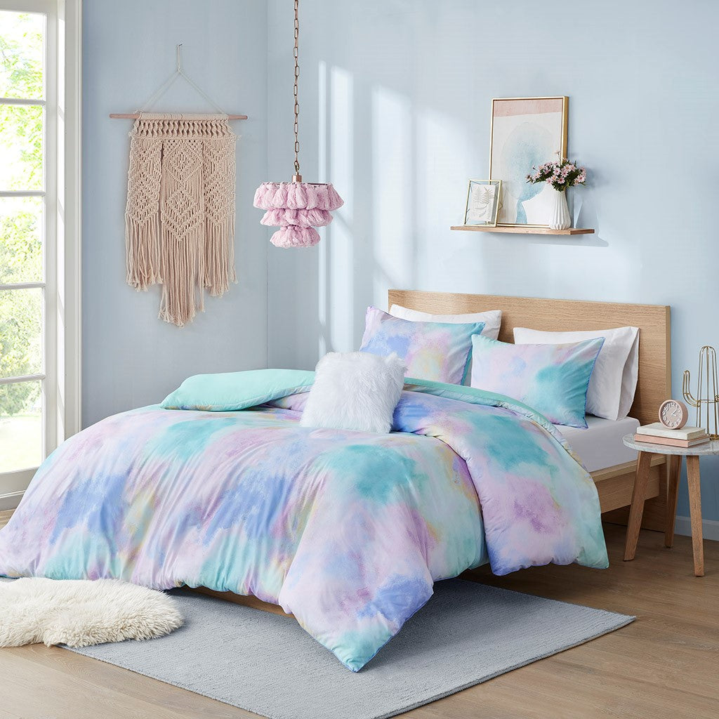 Intelligent Design Cassiopeia Watercolor Tie Dye Printed Duvet Cover Set - Aqua - Full Size / Queen Size