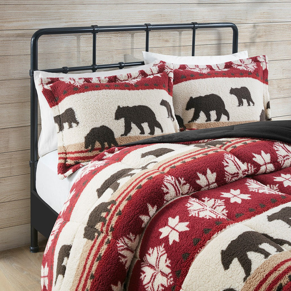 Tunbridge Print Sherpa Comforter Set - Red / Black - Full Size / Queen Size