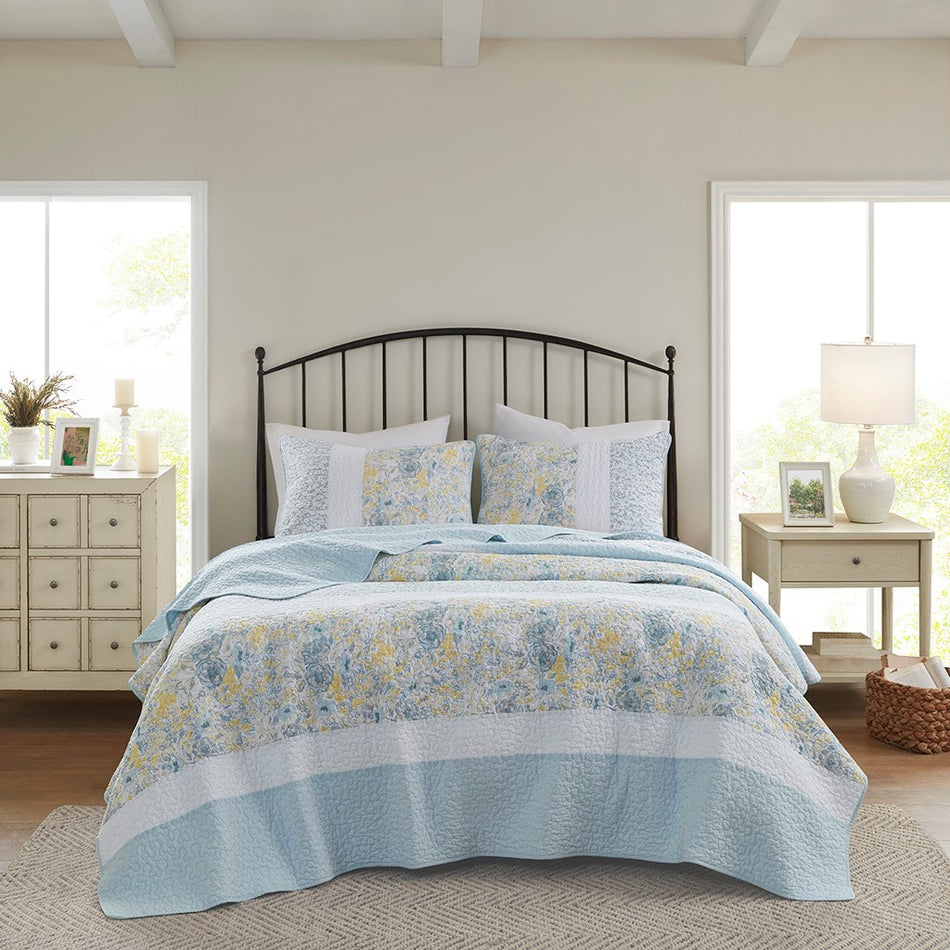 Violet 3 Piece Cotton Quilt Set - Aqua / Yellow - Full Size / Queen Size