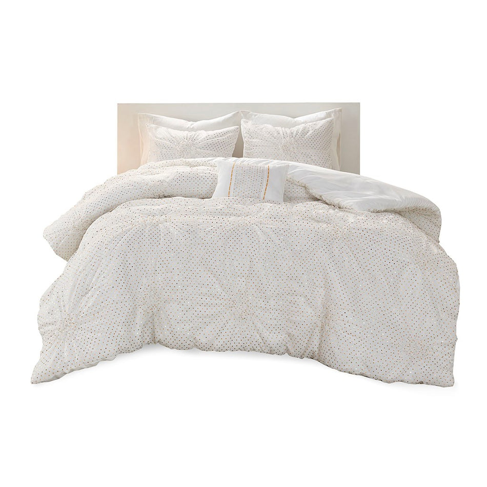 Claire Metallic Printed Ruched Comforter Set - White - Full Size / Queen Size