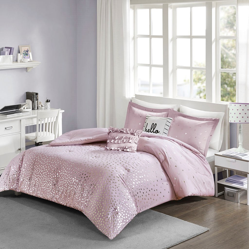 Intelligent Design Zoey Metallic Triangle Print Comforter Set - Purple / Silver - Full Size / Queen Size
