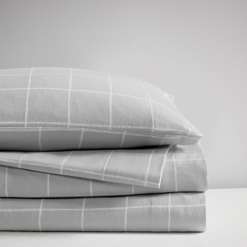 Oversized Cotton Flannel 4 Piece Sheet Set - Grey Windowpane - Cal King Size