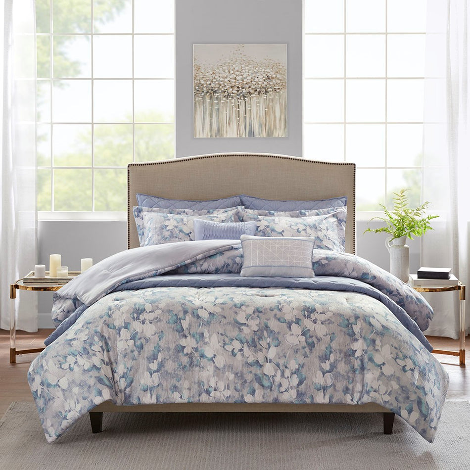 Erica 8 Piece Printed Seersucker Comforter and Coverlet Set Collection - Blue - King Size / Cal King Size