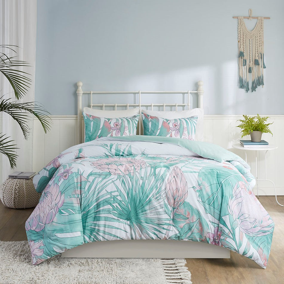 Keilani 3 Piece Cotton Printed Duvet Cover Set - Aqua - King Size / Cal King Size