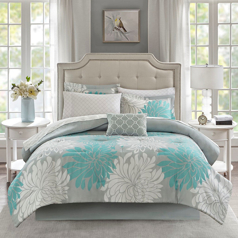 Maible 9 Piece Comforter Set with Cotton Bed Sheets - Aqua - Queen Size