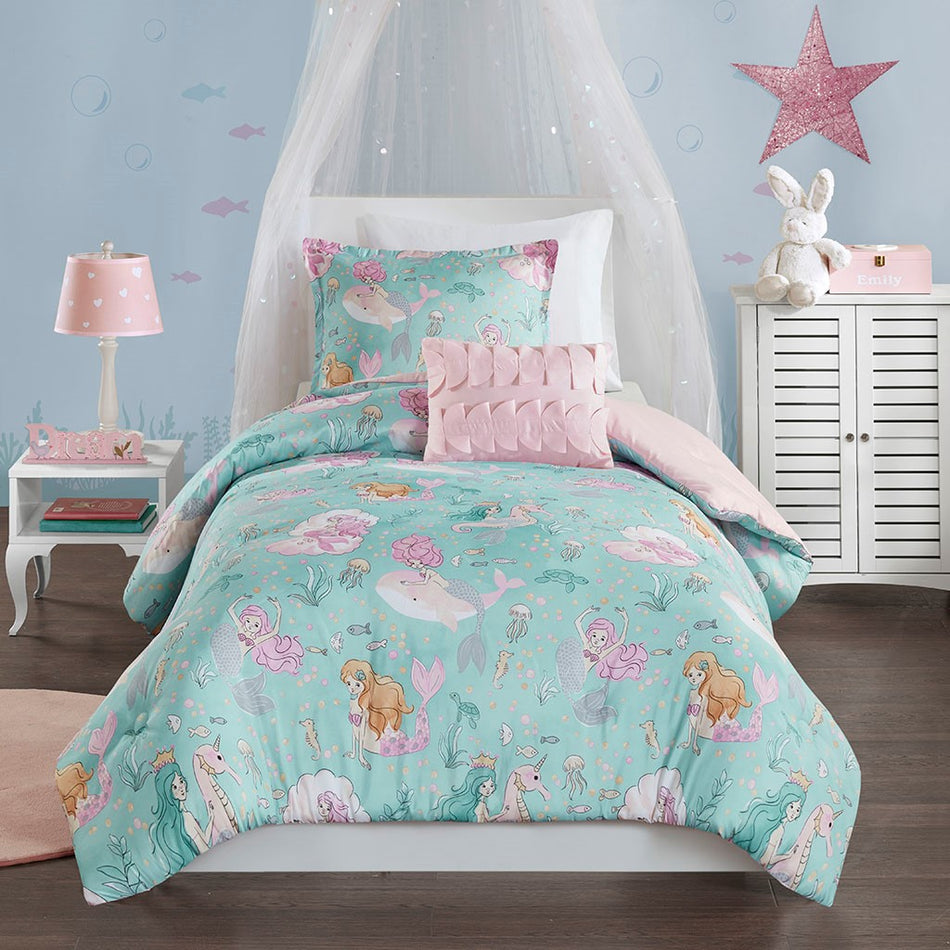 Darya Printed Mermaid Comforter Set - Aqua / Pink - Twin Size