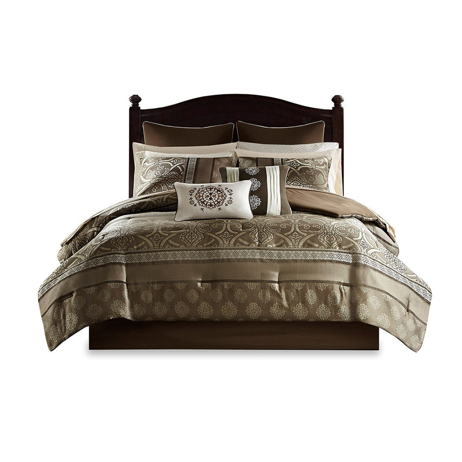 Zara 16 Piece Jacquard Comforter Set with 2 Bed Sheet Sets - Brown - Cal King Size