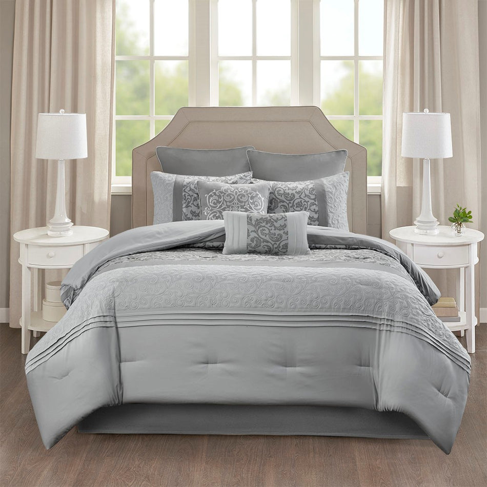 Ramsey Embroidered 8 Piece Comforter Set - Grey - Queen Size
