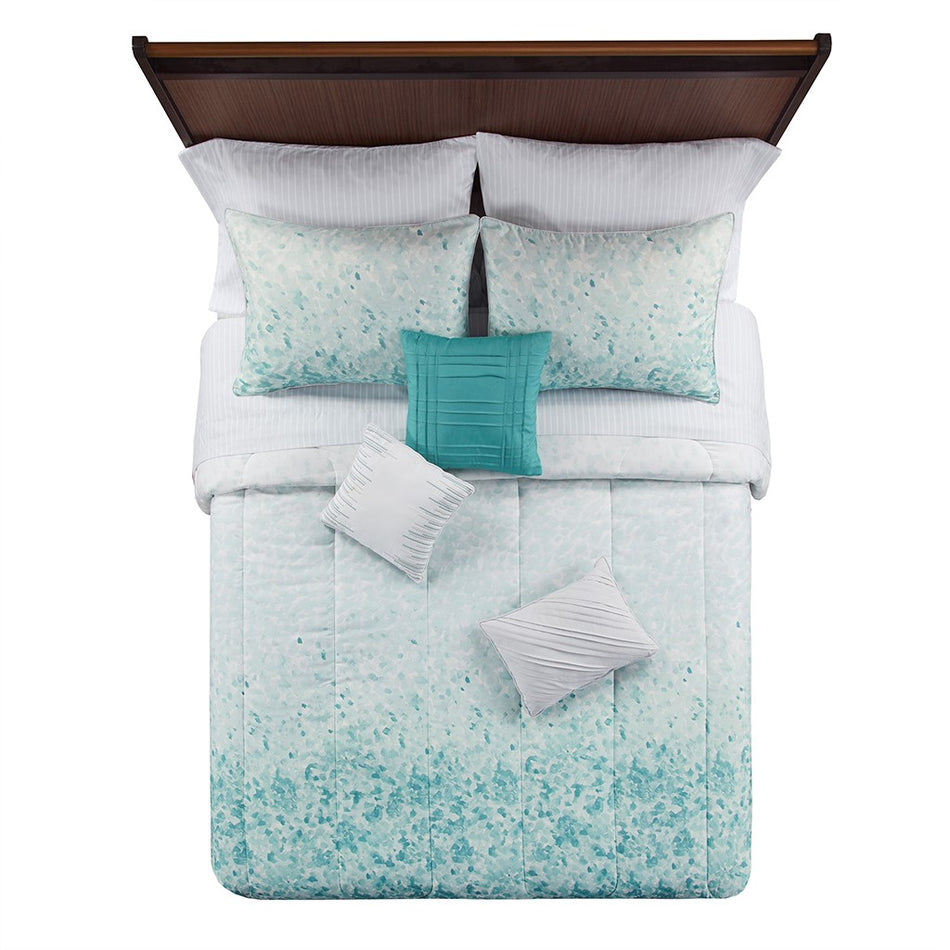 Vail 10 Piece Watercolor Ombre Comforter Set with Bed Sheets - Teal - Queen Size