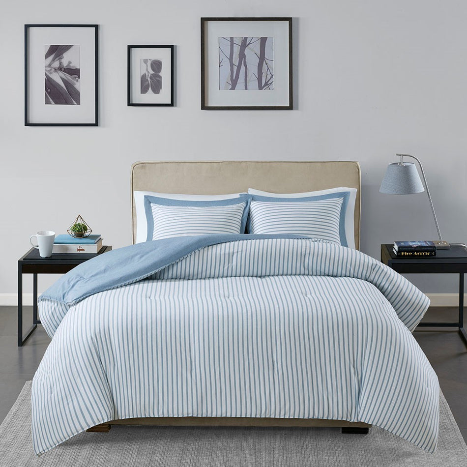Hayden Reversible Yarn Dyed Stripe Down Alternative Comforter Set - Blue - Full Size / Queen Size