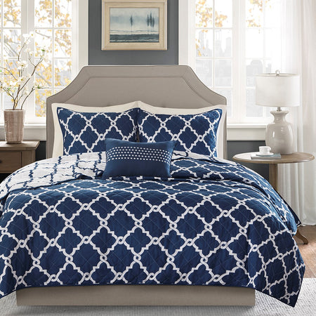 Madison Park Essentials Merritt 4 Piece Reversible Quilt Set with Throw Pillow - Navy  - King Size / Cal King Size Shop Online & Save - ExpressHomeDirect.com