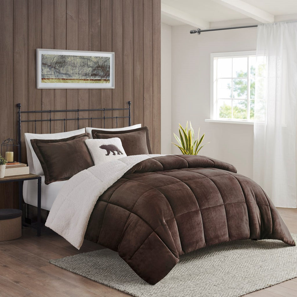 Woolrich Alton Plush to Sherpa Down Alternative Comforter Set - Brown / Ivory - Full Size / Queen Size