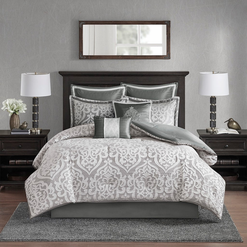 Odette 8 Piece Jacquard Comforter Set - Silver - Queen Size