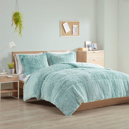 Intelligent Design Malea Shaggy Long Fur Comforter Mini Set - Aqua - King Size / Cal King Size