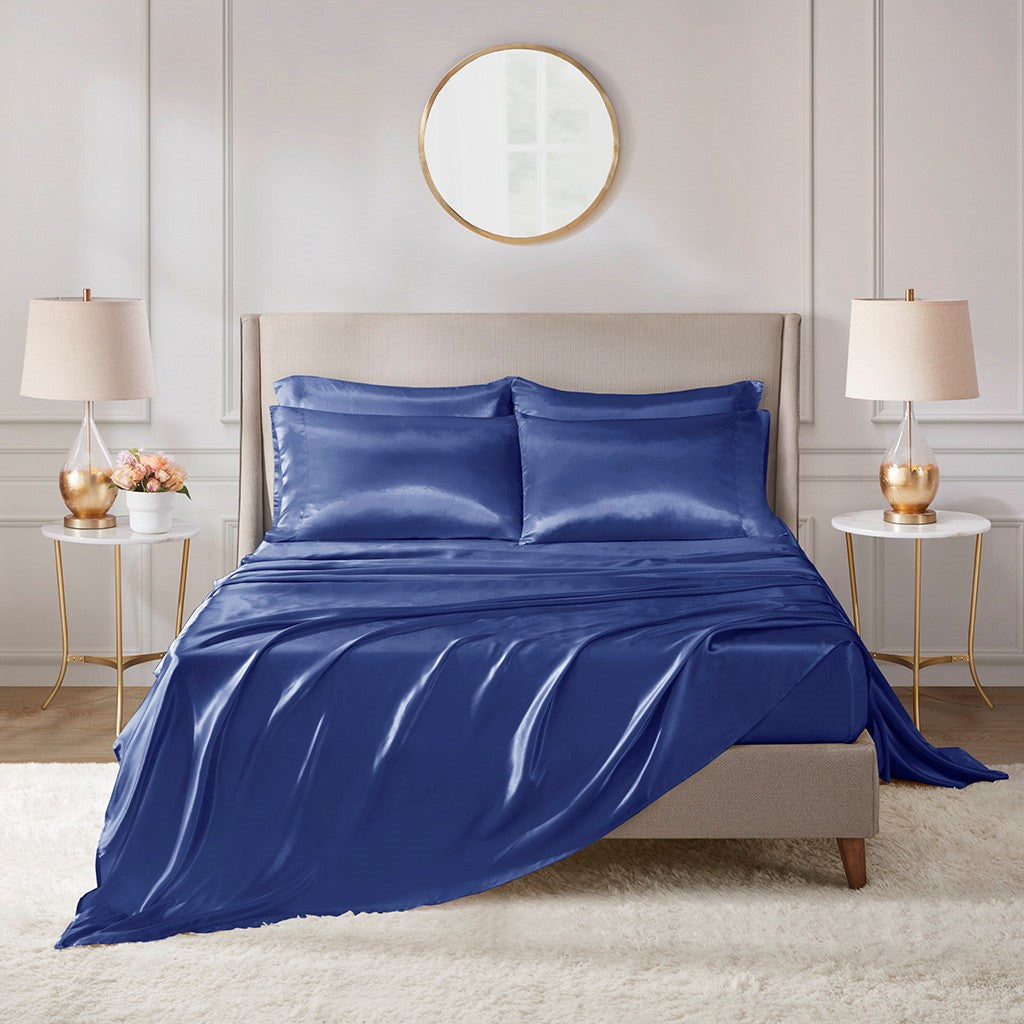 Madison Park Essentials Satin Luxury 6 PC Sheet Set - Navy - King Size