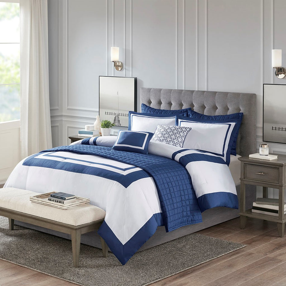 Madison Park Heritage 8 Piece Comforter and Coverlet Set Collection - Navy - King Size / Cal King Size