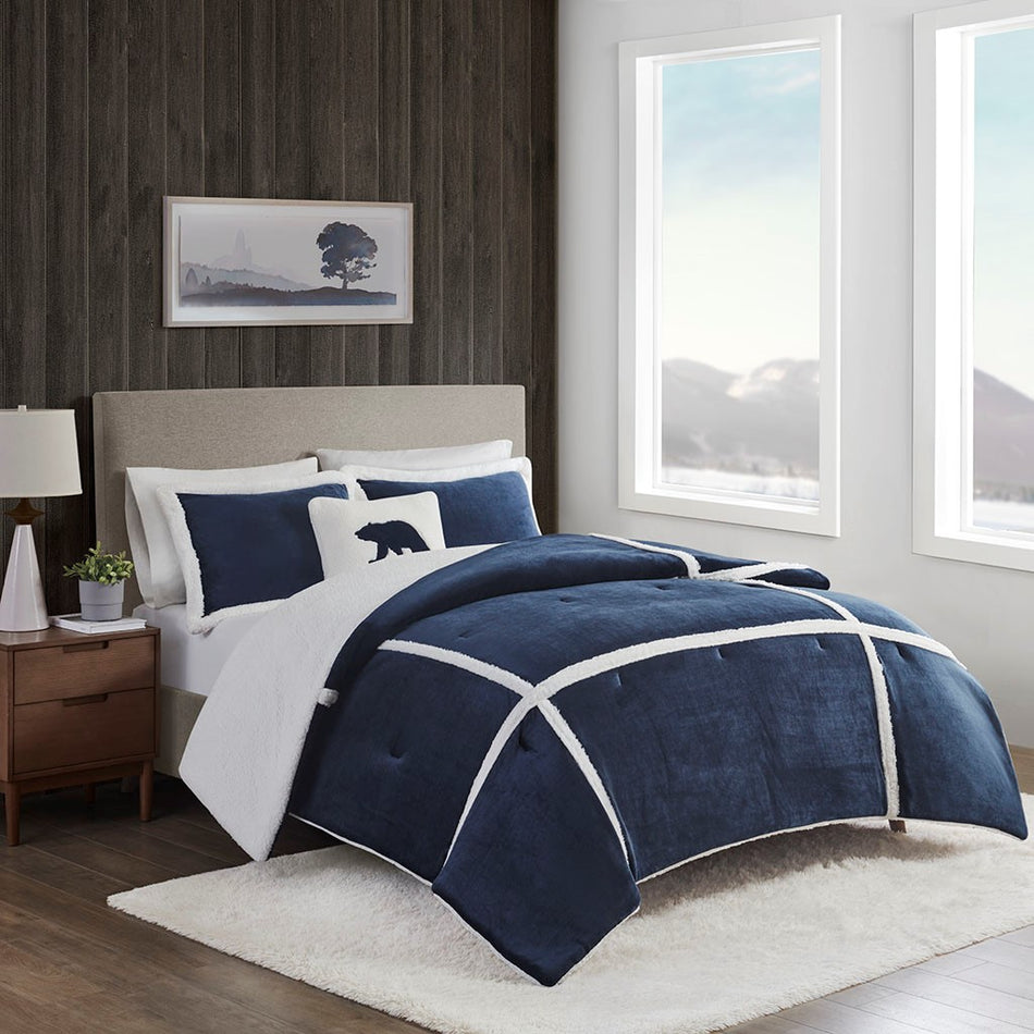 Woolrich Orlen Plush to Sherpa Comforter Set - Navy - Full Size / Queen Size