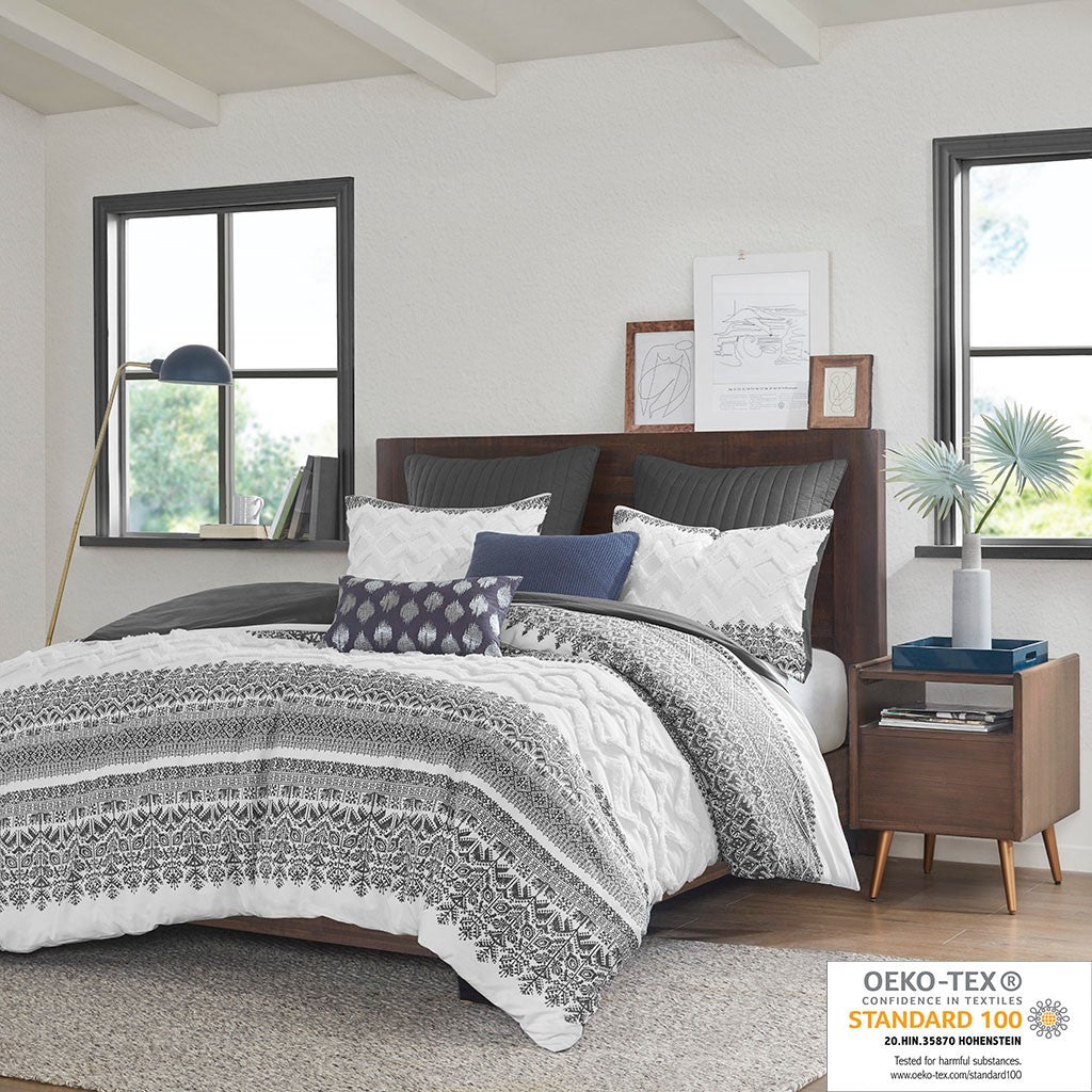 INK+IVY Mila 3 Piece Cotton Duvet Cover Set with Chenille Tufting - Gray - King Size / Cal King Size