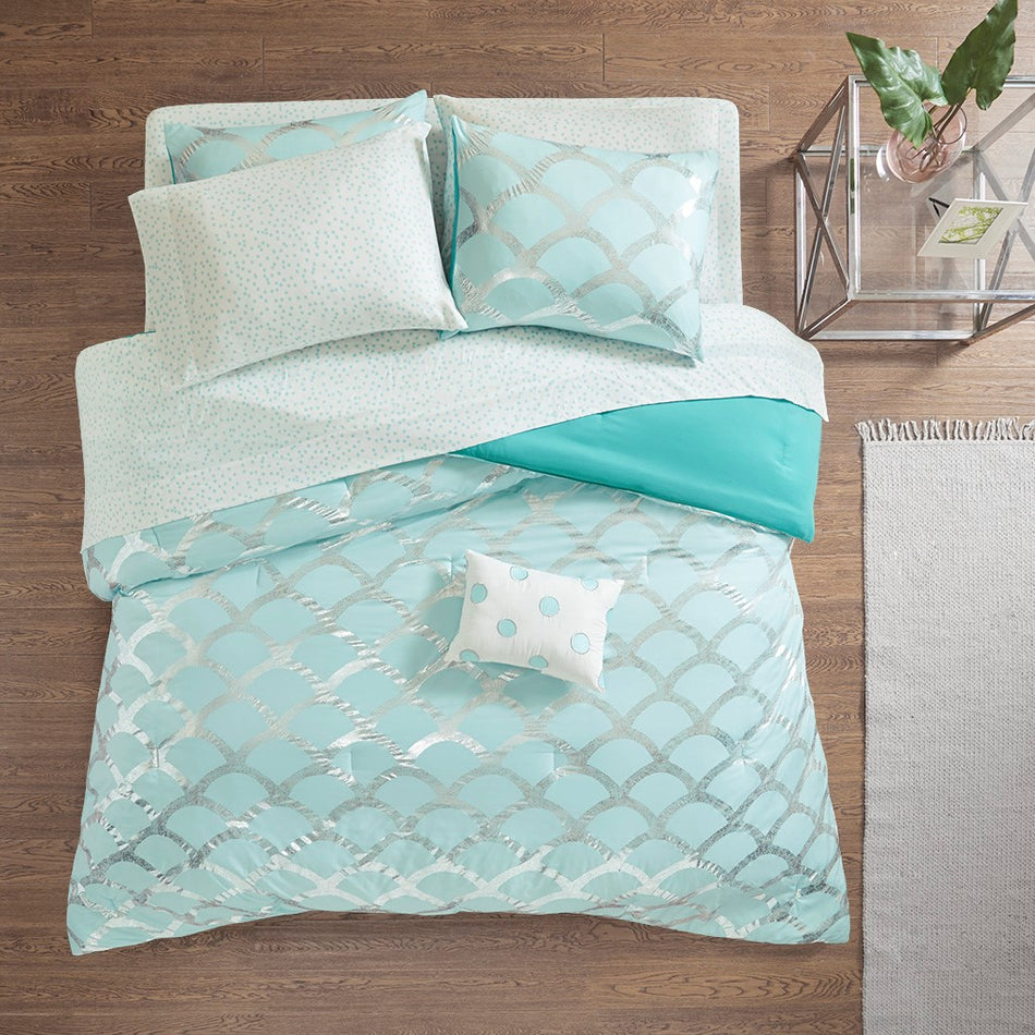 Lorna Metallic Comforter Set with Bed Sheets - Aqua - Twin XL Size