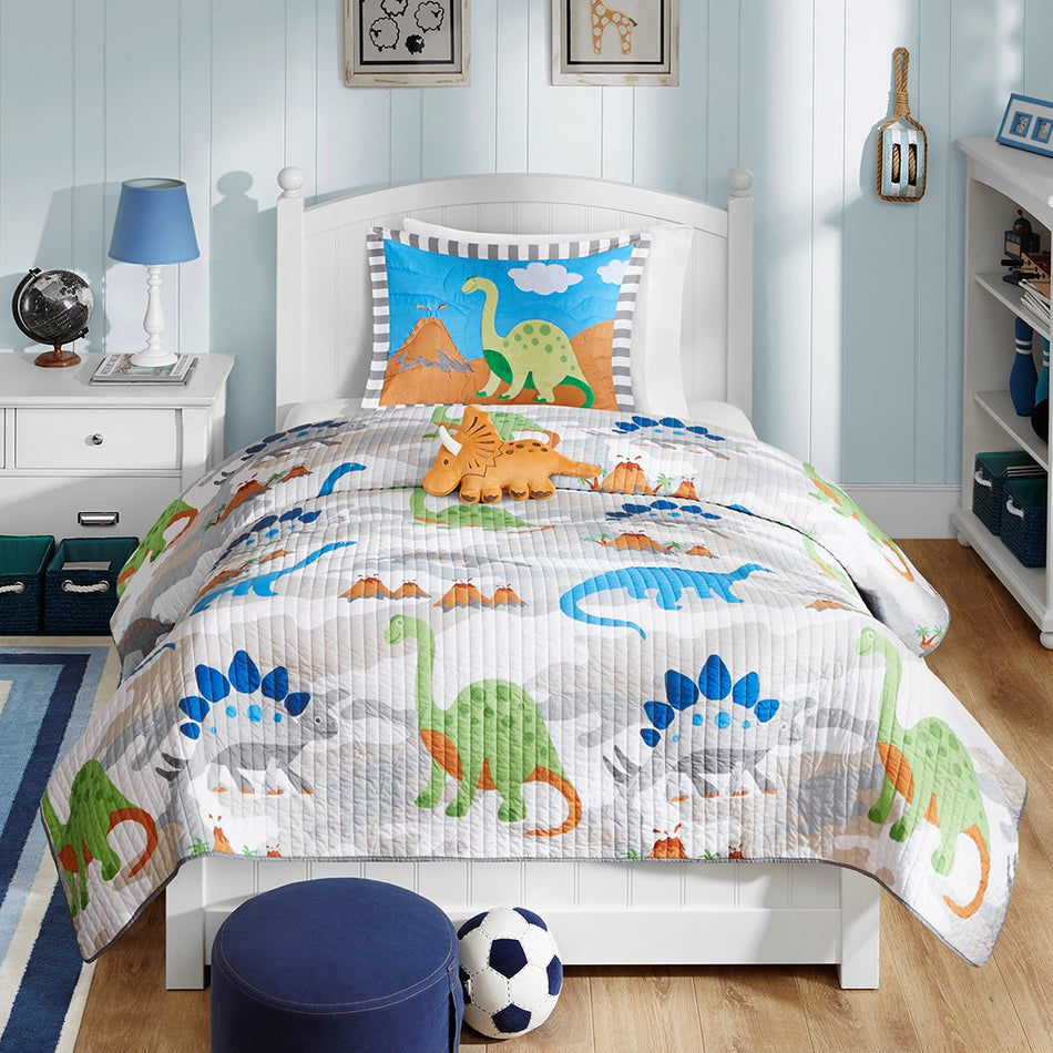 Little Foot Dinosaur Reversible Quilt Set with Throw Pillow - Multicolor - Twin Size