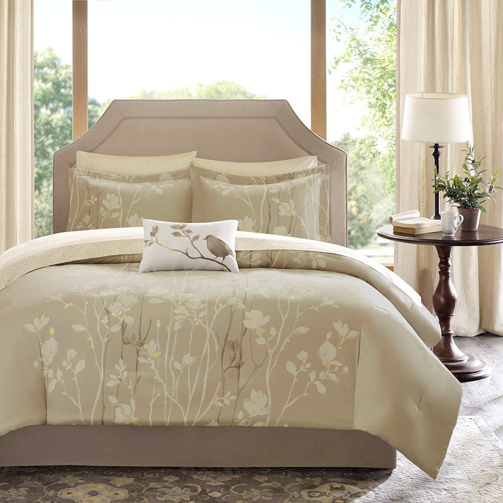 Madison Park Essentials Vaughn 9 Piece Comforter Set with Cotton Bed Sheets - Taupe - King Size