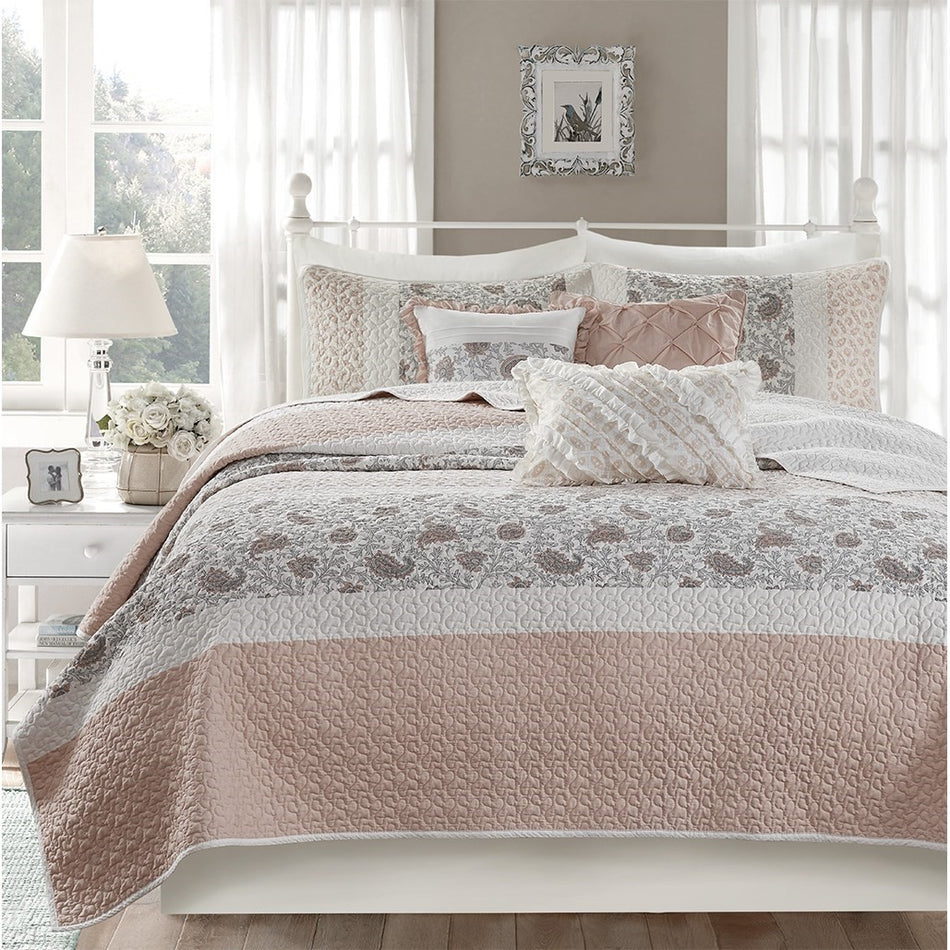 Dawn 6 Piece Cotton Percale Quilt Set with Throw Pillows - Blush - King Size / Cal King Size