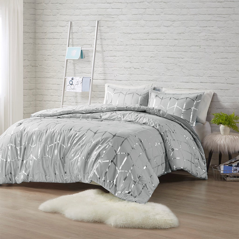 Intelligent Design Raina Metallic Printed Comforter and Sham Set - Grey / Silver - Twin Size / Twin XL Size