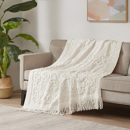 Madison Park Chloe 100% Cotton Tufted Chenille Lightweight Throw With Fringe Tassel 50" x 60" - Ivory - 50x60"