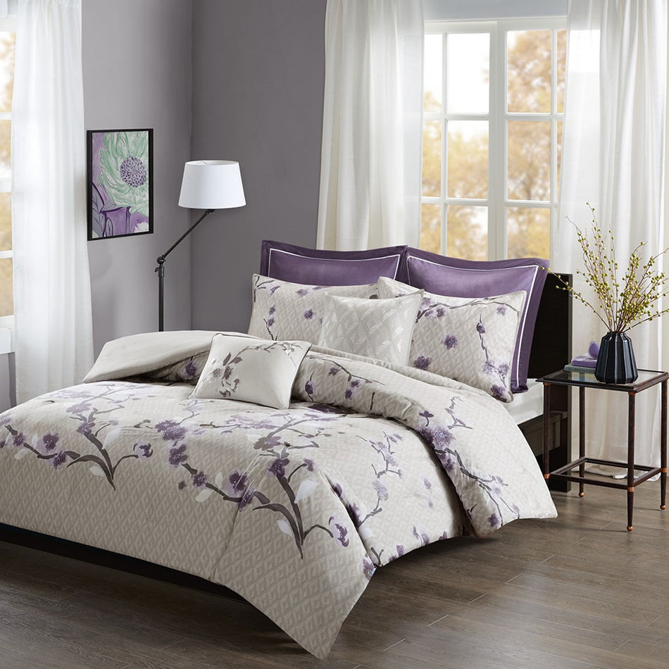 Holly 7 Piece Cotton Duvet Cover Set - Purple - King Size / Cal King Size