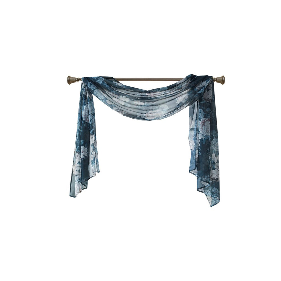Simone Printed Floral Voile Sheer Scarf - Navy - 42x216"