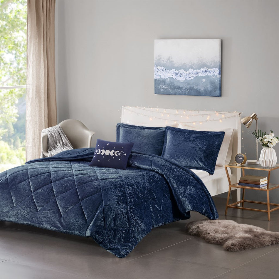 Intelligent Design Felicia Velvet Comforter Set - Navy - King Size / Cal King Size