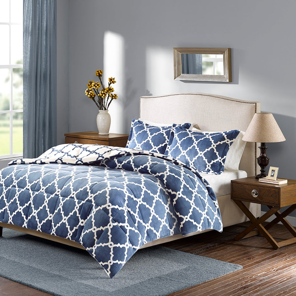 True North by Sleep Philosophy Peyton Reversible Plush Comforter Mini Set - Navy - Full Size / Queen Size