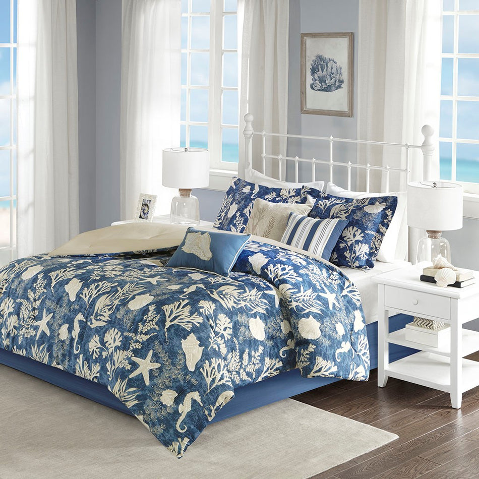 Madison Park Cape Cod 7 Piece Cotton Sateen Comforter Set - Blue - Cal King Size