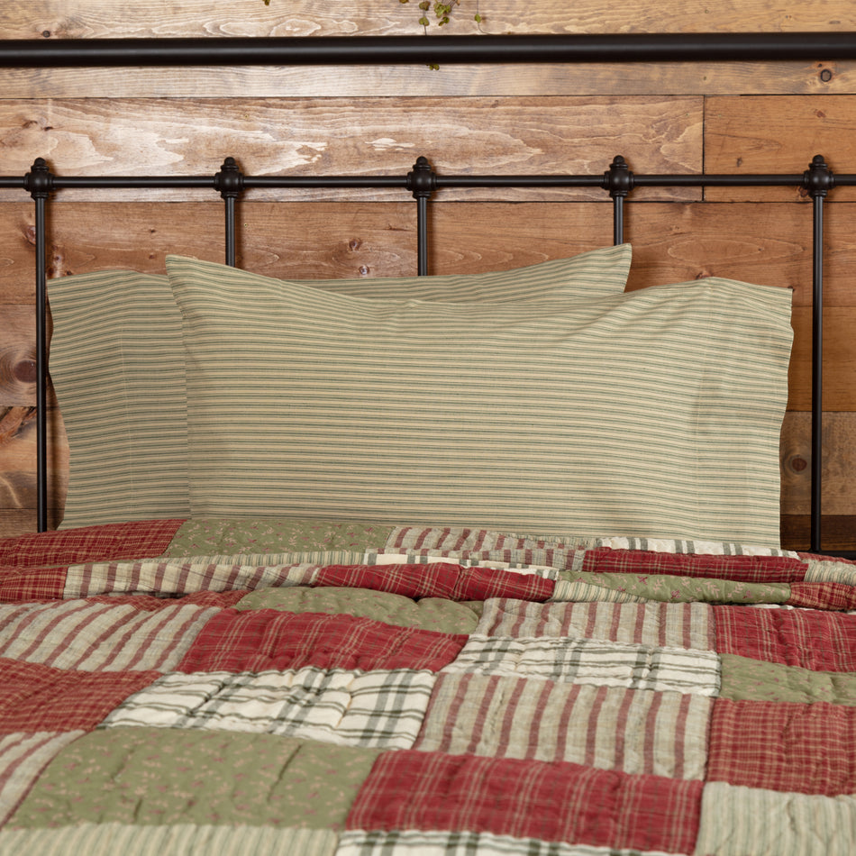 Prairie Winds Green Ticking Stripe Standard Pillow Case Set of 2 21x30