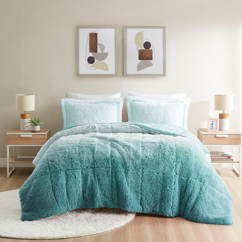 Brielle Ombre Shaggy Long Fur Comforter Mini Set - Aqua - King Size / Cal King Size