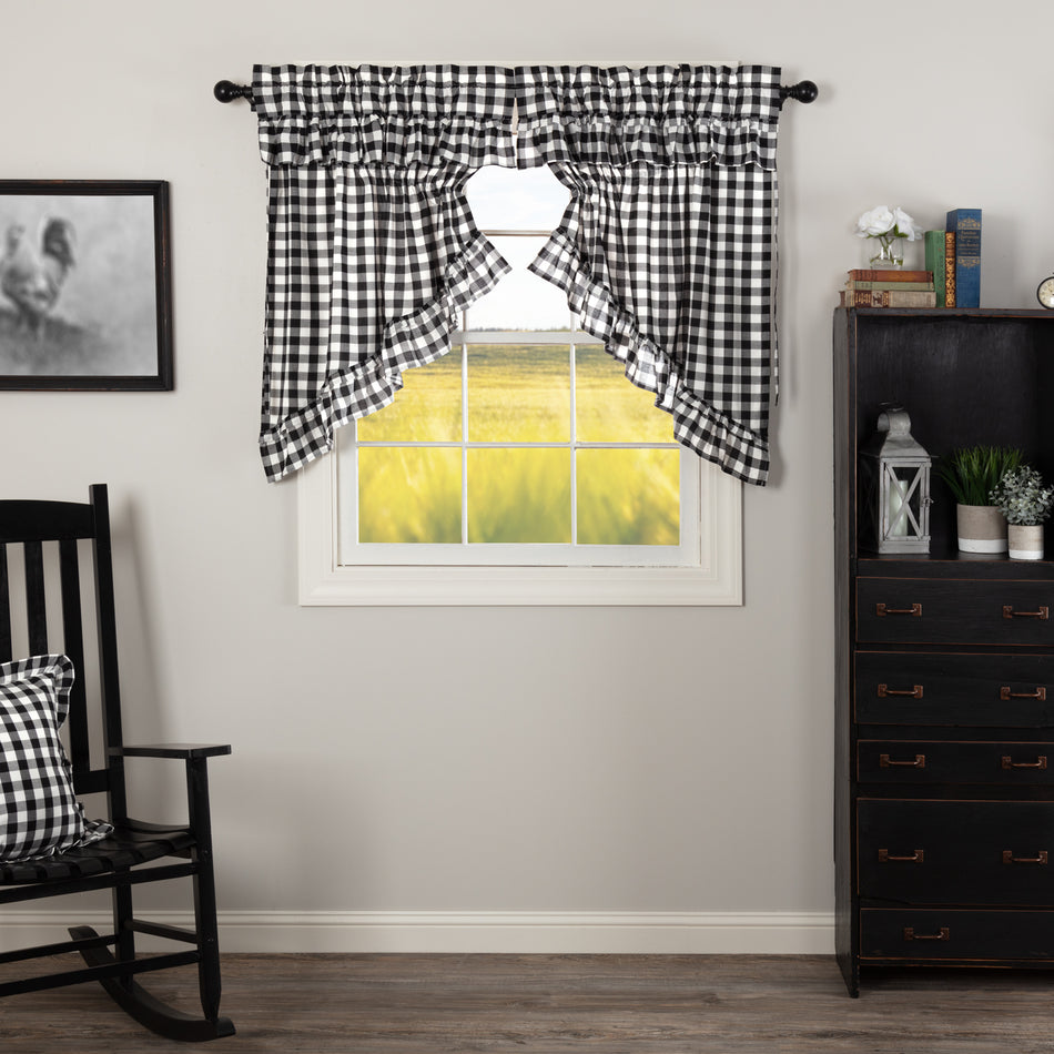 April & Olive Annie Buffalo Black Check Ruffled Prairie Swag Set of 2 36x36x18 By VHC Brands