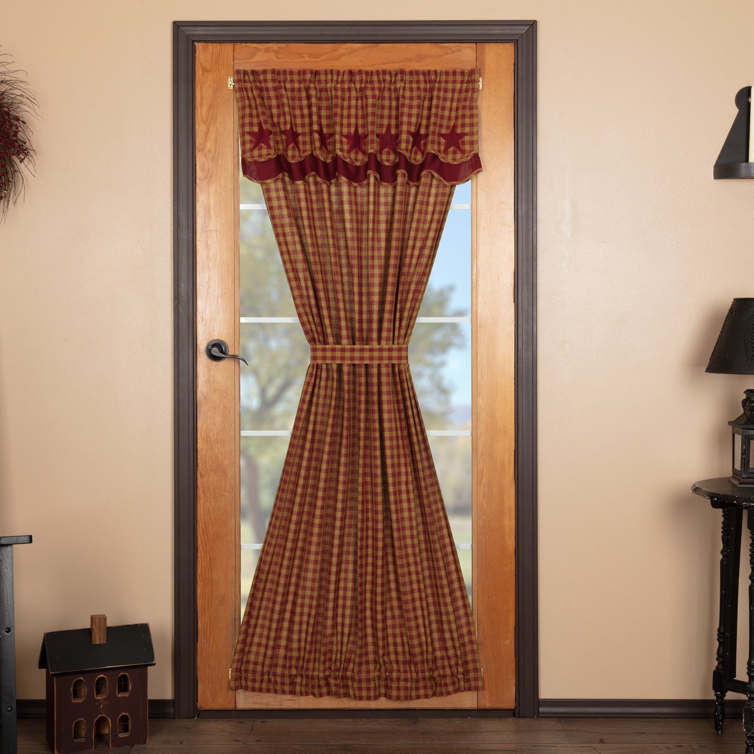 Mayflower Market Burgundy Star Door Panel with Attached Scalloped Layered Valance 72x40 By VHC Brands