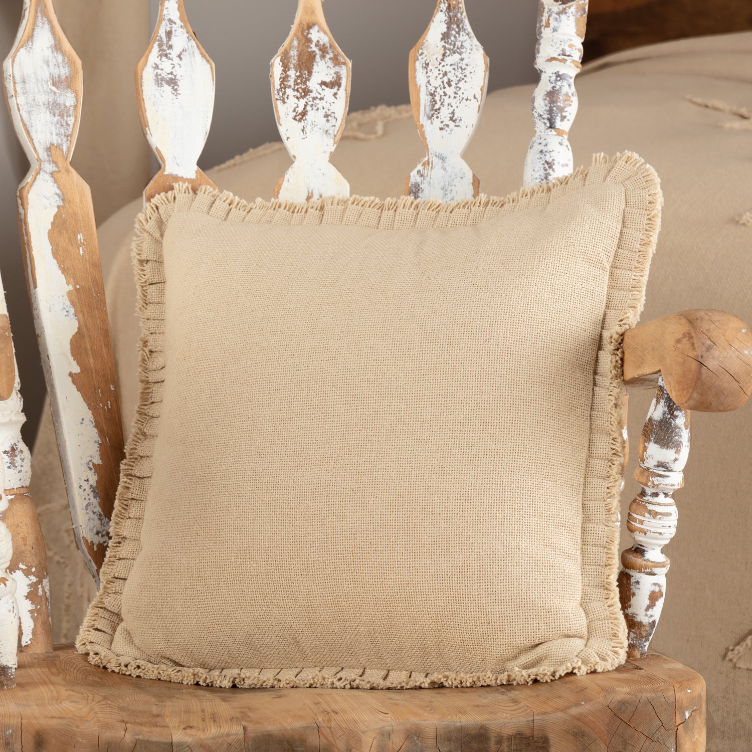 April & Olive Burlap Vintage Pillow w/ Fringed Ruffle 18x18 By VHC Brands