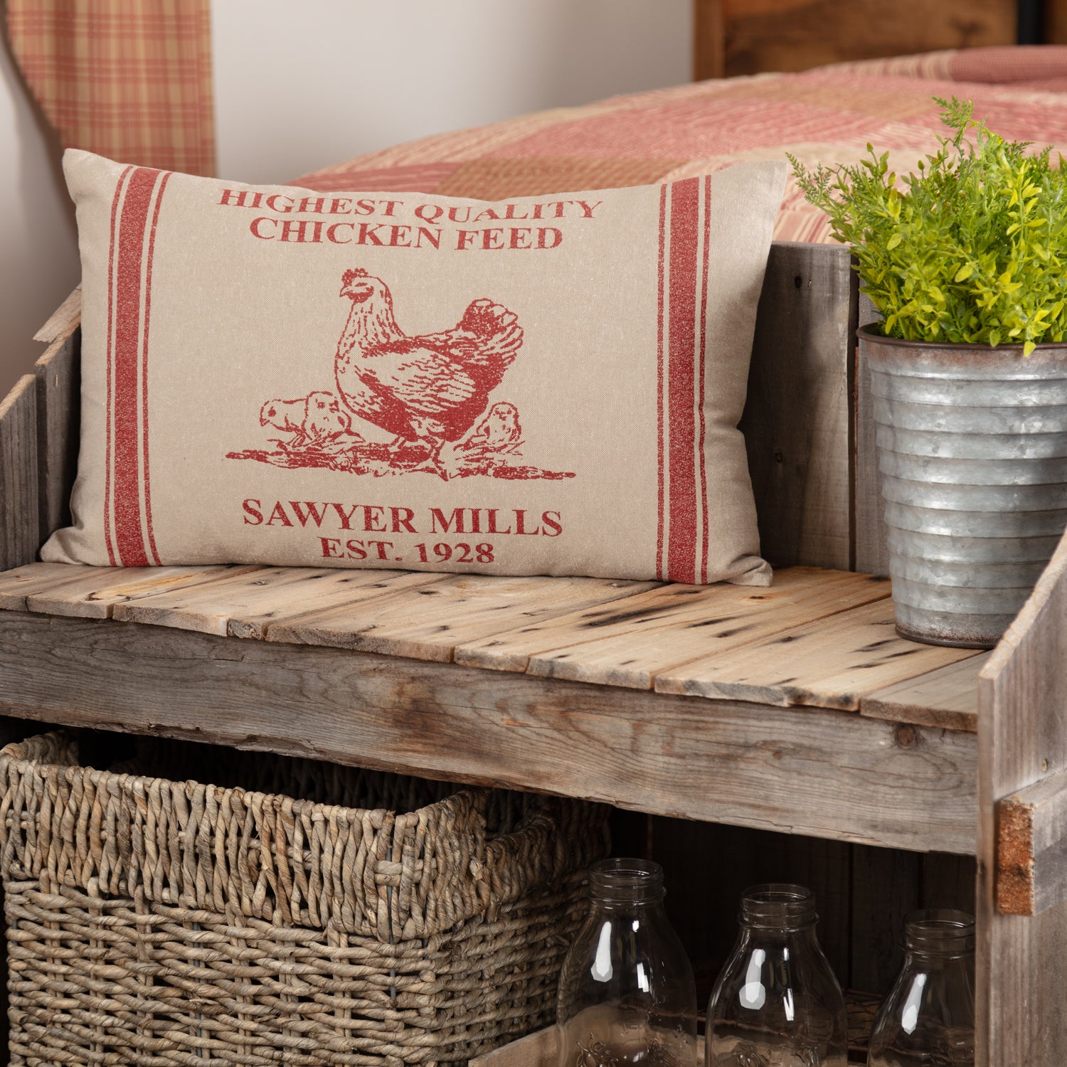 April & Olive Sawyer Mill Red Hen and Chicks Pillow 14x22 By VHC Brands