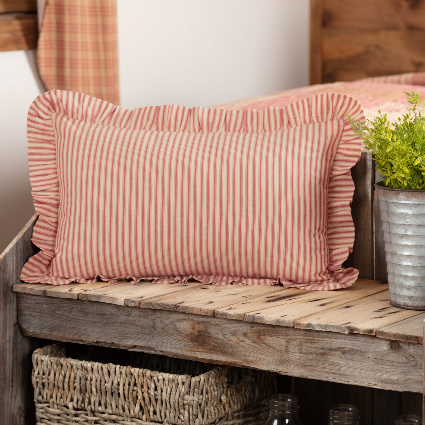 April & Olive Sawyer Mill Red Ticking Stripe Fabric Pillow 14x22 By VHC Brands