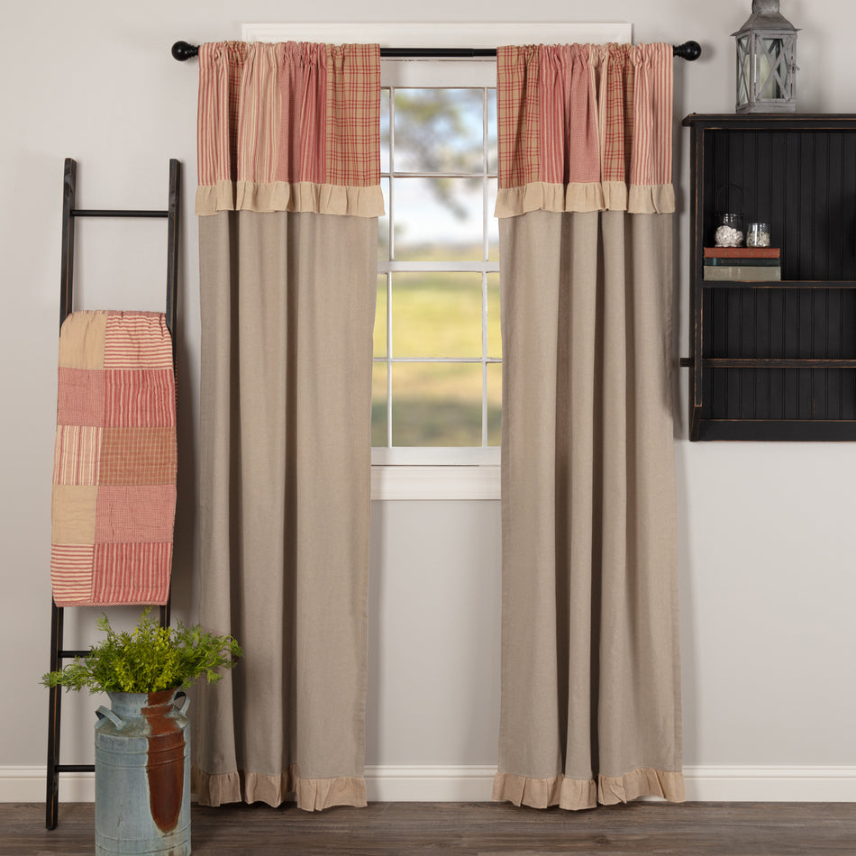 April & Olive Sawyer Mill Red Chambray Solid Panel with Attached Patchwork Valance Set of 2 84x40 By VHC Brands