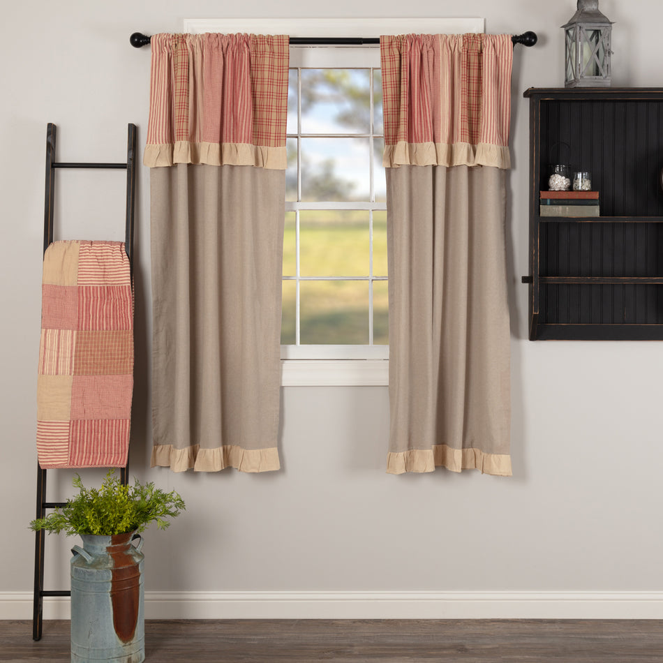 April & Olive Sawyer Mill Red Chambray Solid Short Panel with Attached Patchwork Valance Set of 2 63x36 By VHC Brands