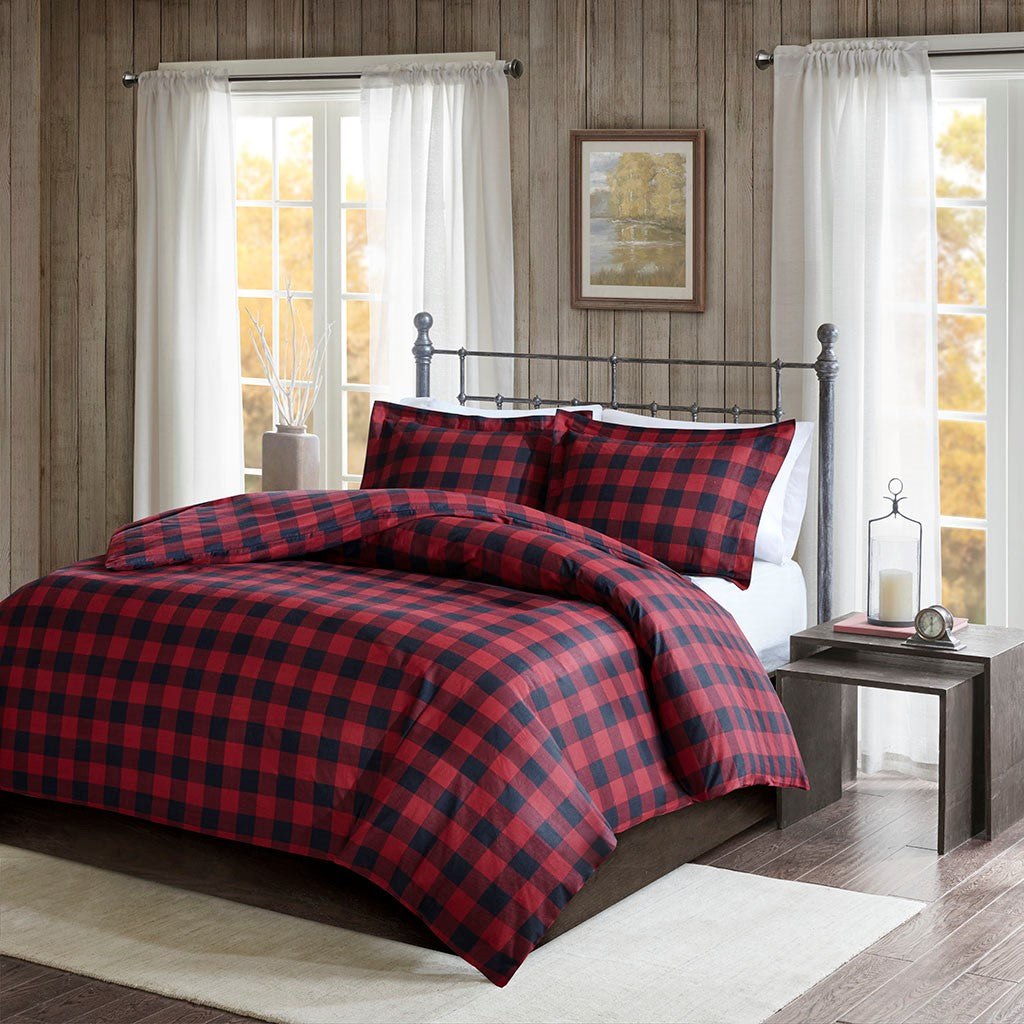 Woolrich Flannel Check Print Cotton Duvet Cover Set - Black / Red - King Size / Cal King Size