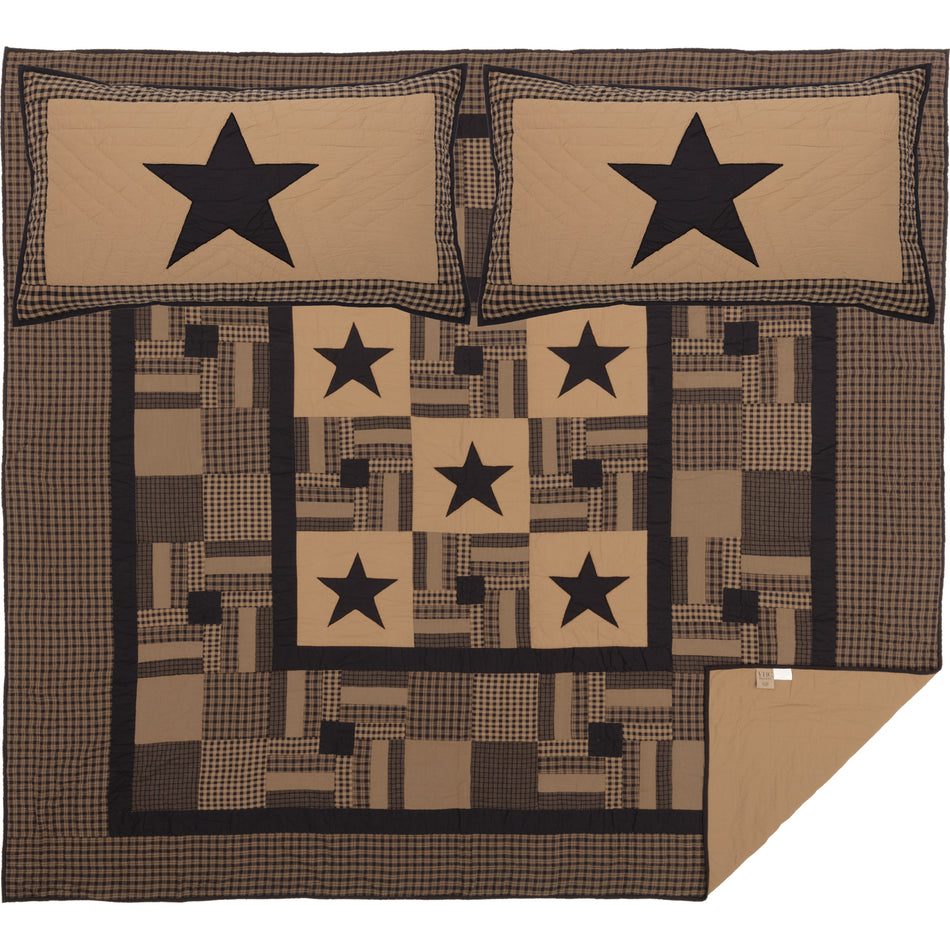 Mayflower Market Black Check Star King Quilt Set; 1-Quilt 105Wx95L w/2 Shams 21x37 By VHC Brands