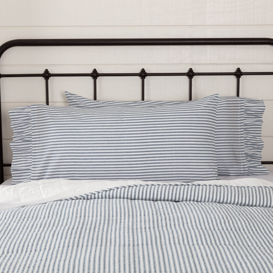 Sawyer Mill Blue Ticking Stripe Ruffled King Pillow Case Set of 2 21x40