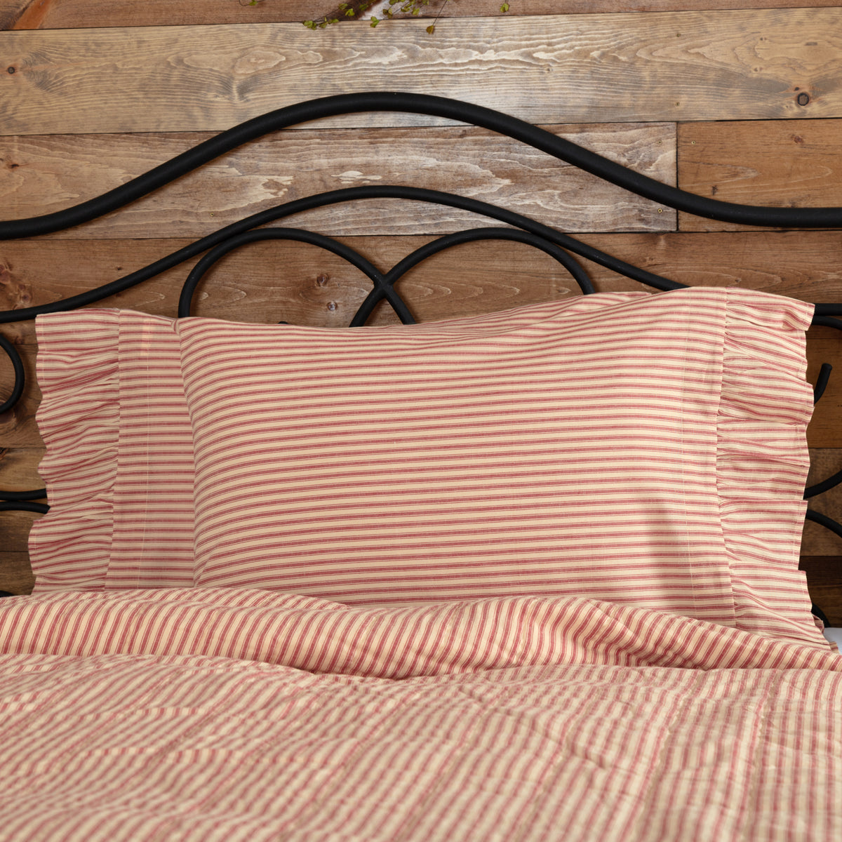 April & Olive Sawyer Mill Red Ticking Stripe Ruffled Standard Pillow Case Set of 2 21x30 By VHC Brands