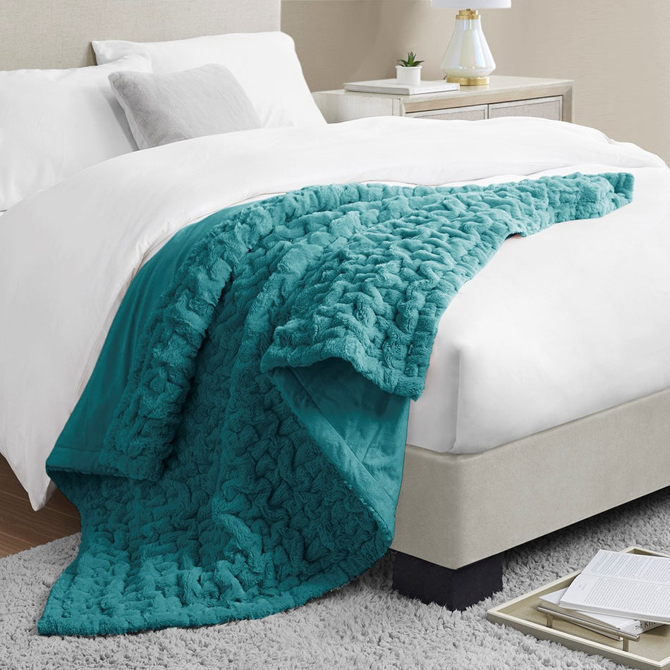 Ruched Fur Throw - Teal - 50x60"