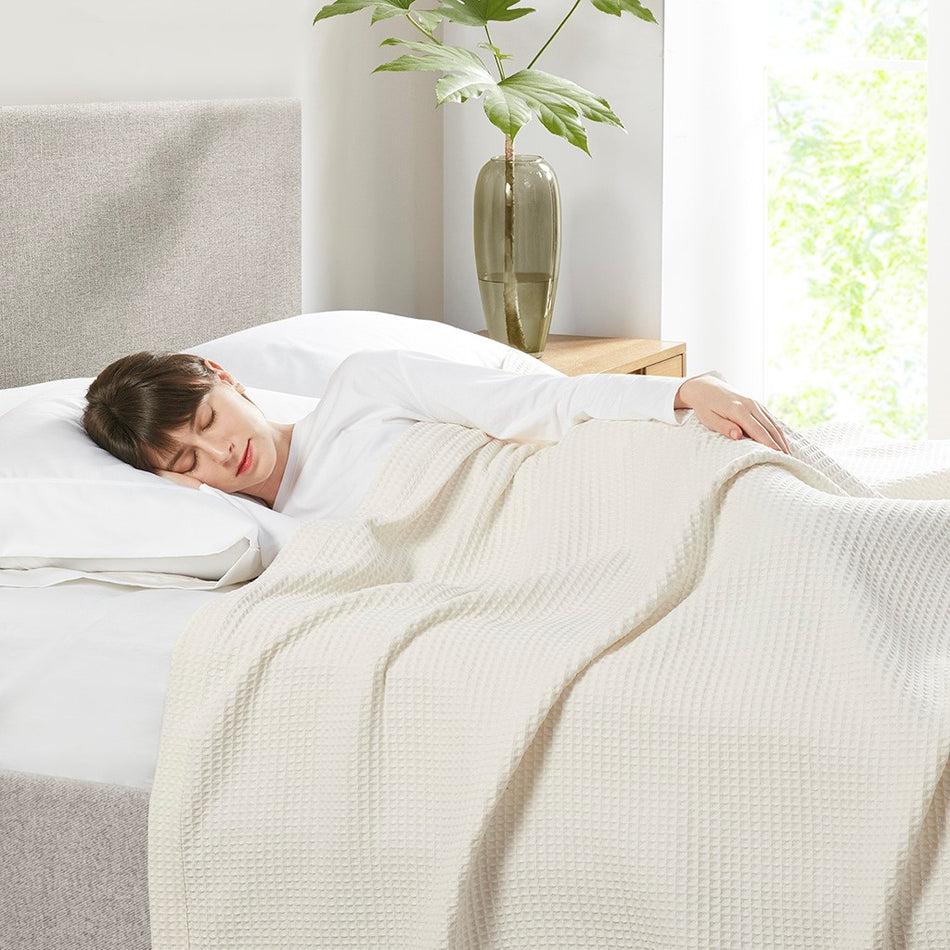 Waffle Weave Cotton Blanket - Ivory - Full Size / Queen Size