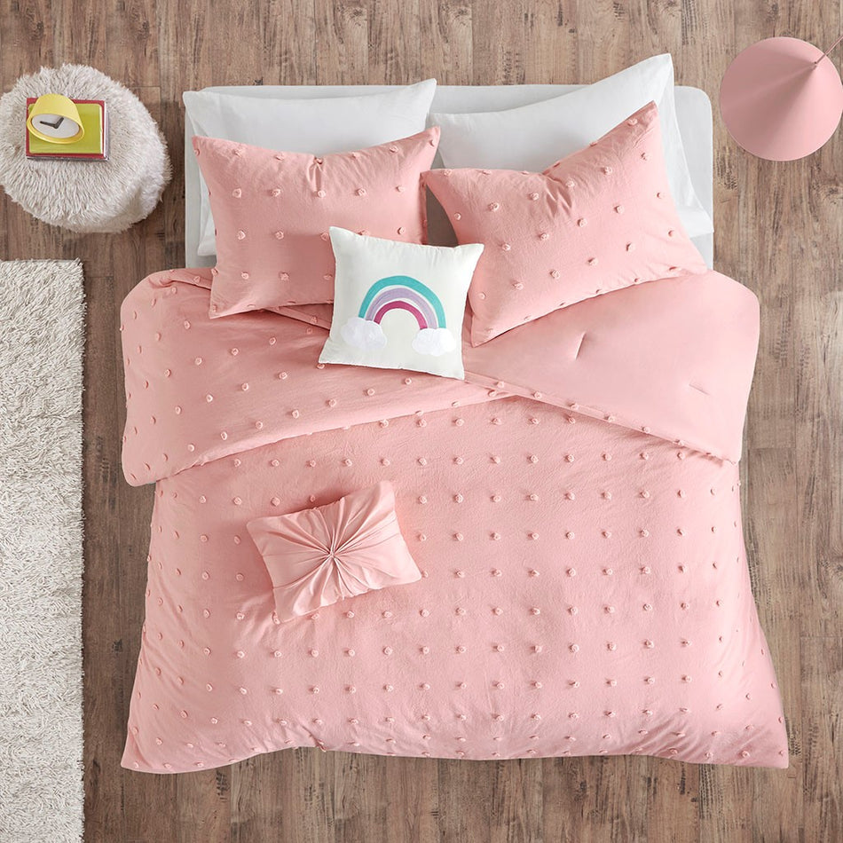 Callie Cotton Jacquard Pom Pom Comforter Set - Pink - Full Size / Queen Size