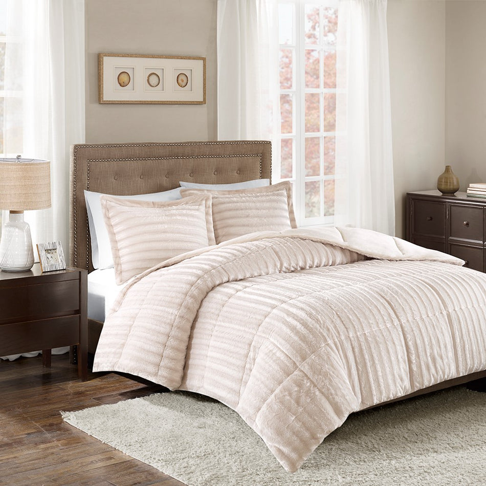 Madison Park Duke Faux Fur Comforter Mini Set - Champagne - King Size / Cal King Size